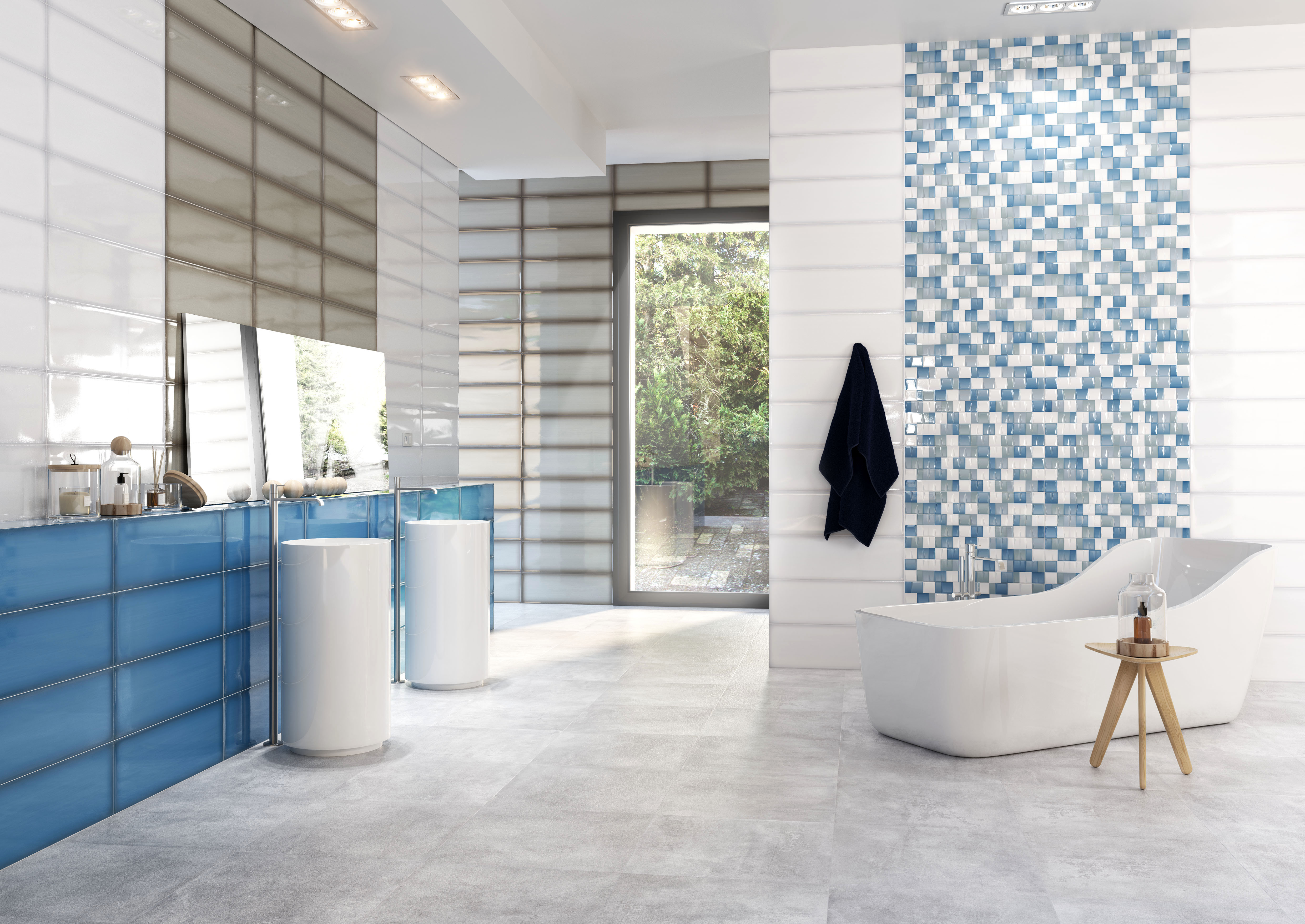 Modern bathroom with pale tile floor, shades of light blue and white, tiled white walls, blue cabinetry